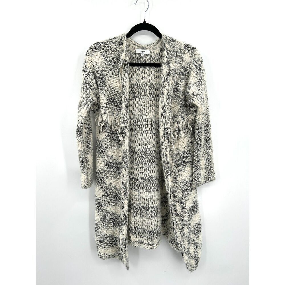 SUNCOO Gray White Knit Super Soft Cozy Fringe Open Cardigan Sweater Size Medium